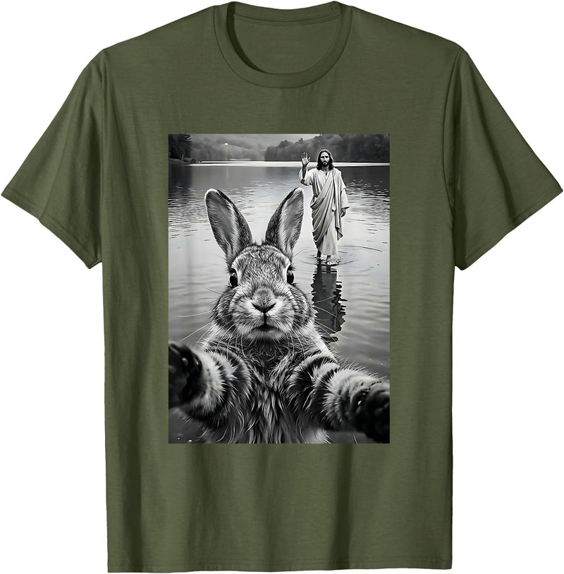 Funny Rabbit & Jesus Selfie, Easter, Religious, Christian T-Shirt in Olive Green