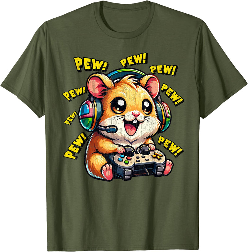 Hamster Gamer Pew Funny Video Games Vintage Boys Men Girls T-Shirt - Olive Green