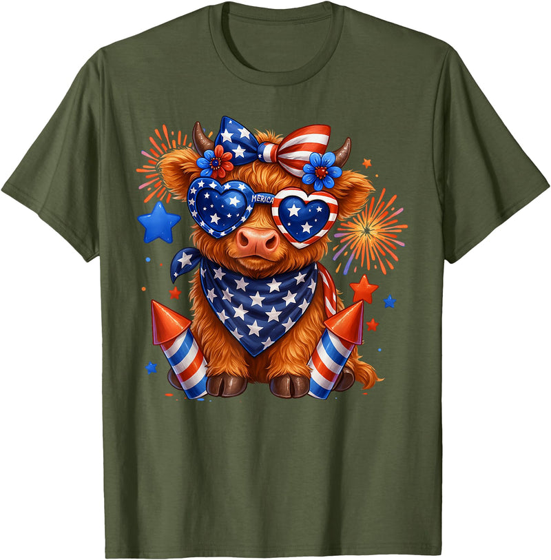Cute Highland Cow 4th of July USA Flag Patriotic Cow Farmer T-Shirt - Olive Green