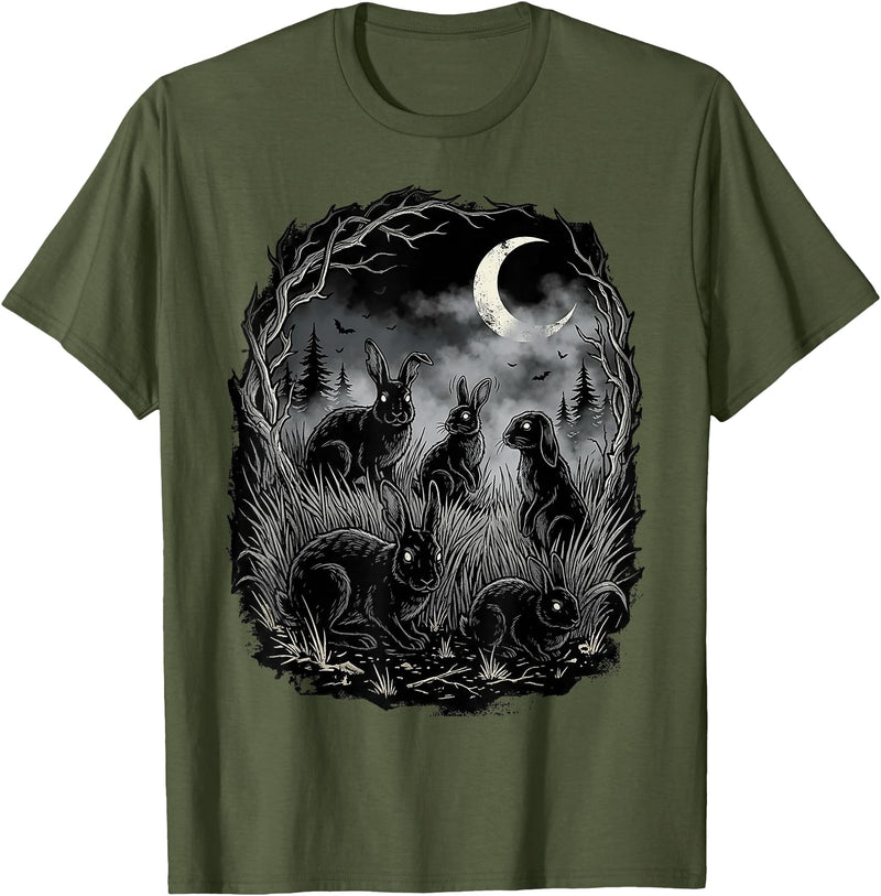 Midnight Woodland Rabbit Art Apparel Graphic Tees Creepy Black Rabbits Moonlit Forest Gothic Horror Halloween T-Shirt -