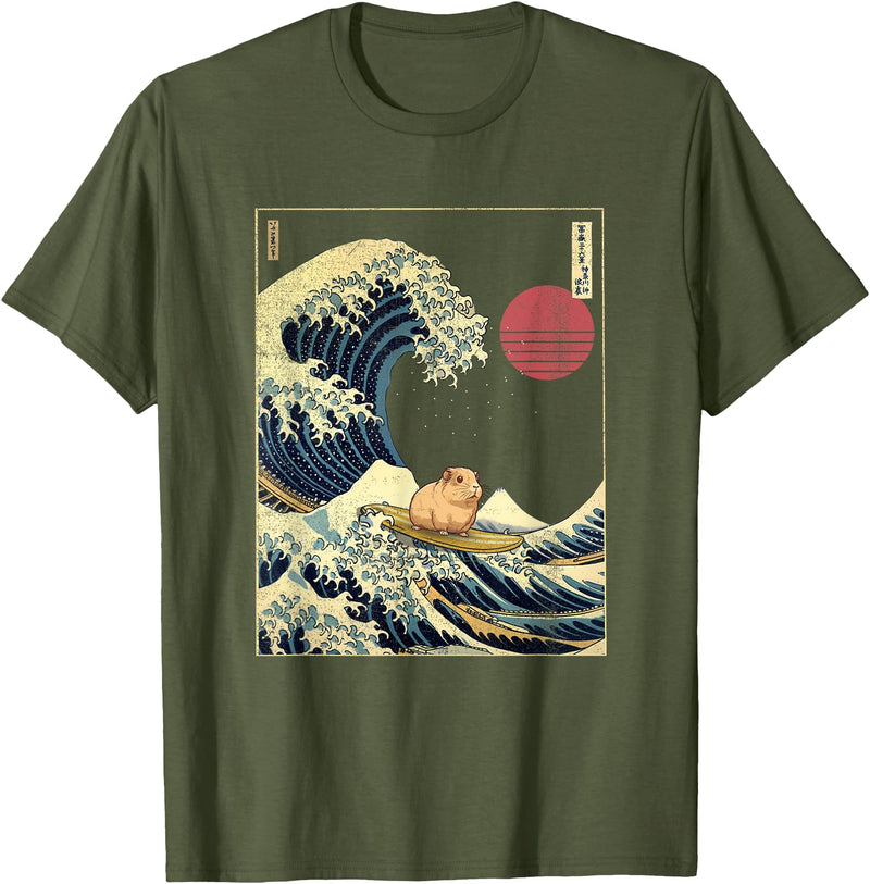 AxisNagawa Guinea Pig Kanagawa Wave Funny Surf Animal T-Shirt - Olive Green