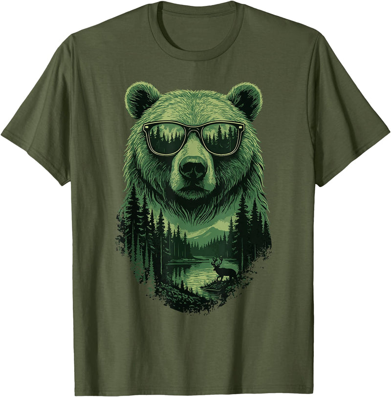 Bear Wildlife Deer Campfire Nature Apparel Bear Sunglasses Wildlife Deer Campfire Nature Vintage Forest T-Shirt - Olive Green