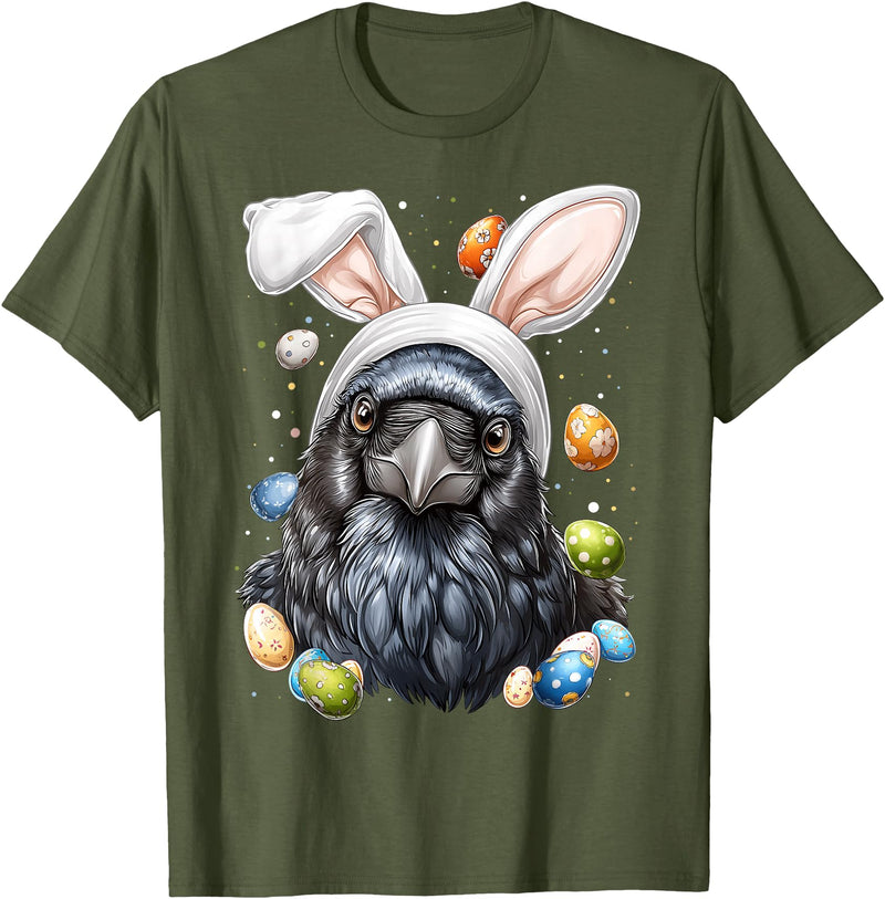 Crow Raven Easter Rabbit Eggs Bunny Ears T-Shirt in Olive Green