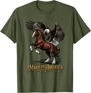 American Pride Horse Eagle Country Made in America Horse Eagle Patriotic Western T-Shirt - Olive Green
