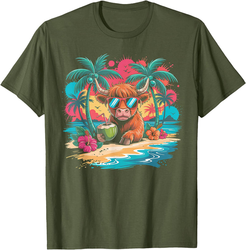 Summer Vibes Highland Cow Funny Beach Vacation Tee Tropical Highland Cow Summer Vibes Funny Beach T-Shirt - Olive Green