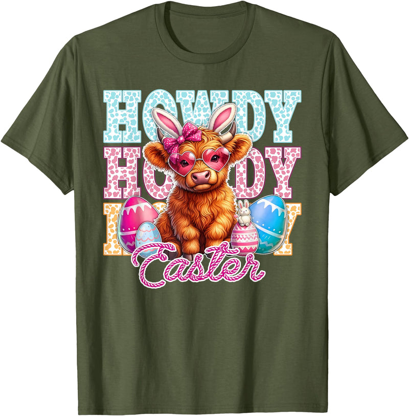Highland Cow Easter Cute Western Farm Apparel Howdy Easter Cute Highland Cow Bunny Ears Western Easter T-Shirt - Olive Green