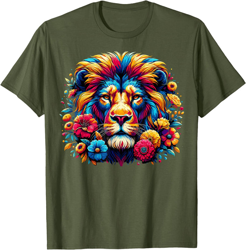 Lion Lover Face Wild Animal Lion Face Colorful Wild Animal Cute Lion T-Shirt - Olive Green