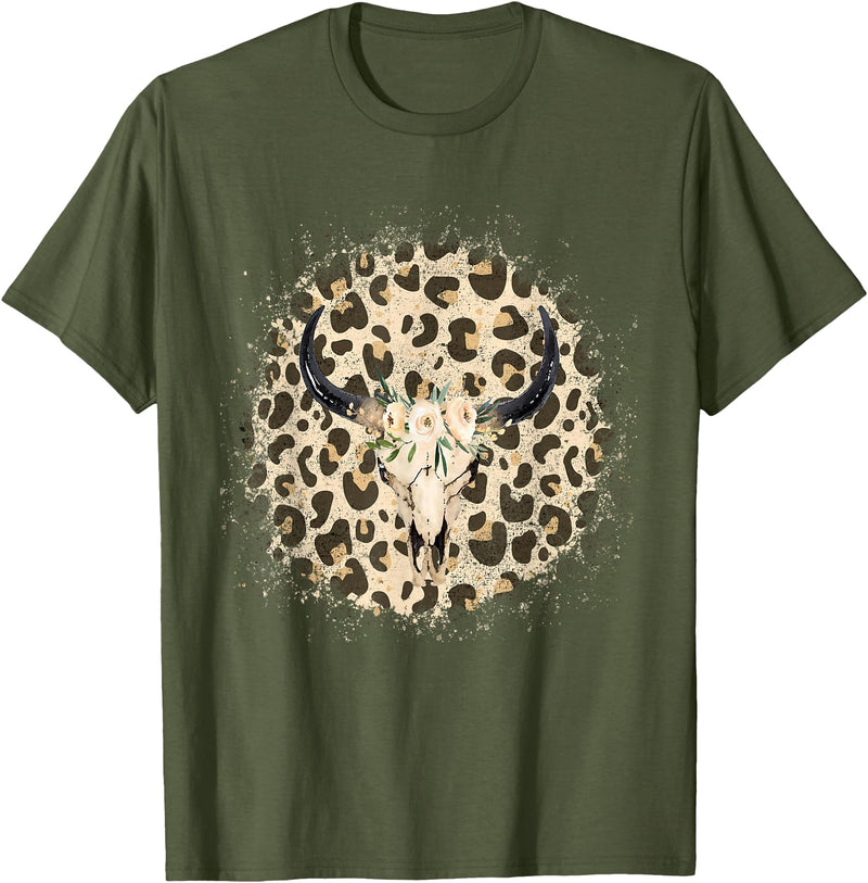 Funny Leopard Cow Skull designs Funny Leopard Cow Skull print Flower Rustic Turquoise T-Shirt - Olive Green