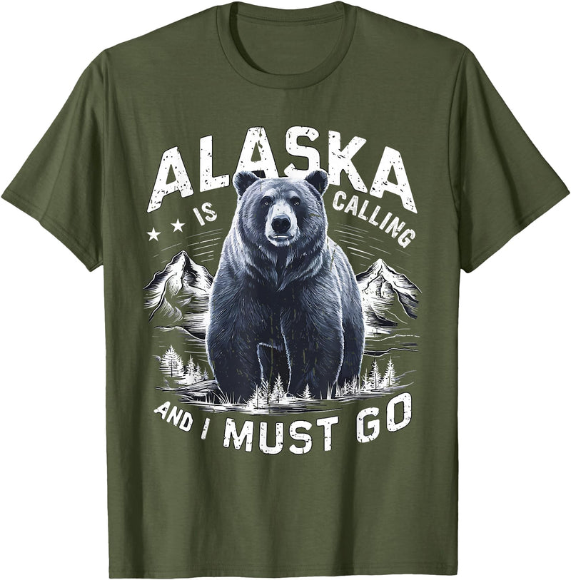 Alaska is Calling and I Must Go, Alaskan Bear and Nature T-Shirt - Olive Green