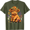 Floral Highland Cow Farm Animal Cute Highland Cow with Flowers and Cowboy Hat T-Shirt - Olive Green