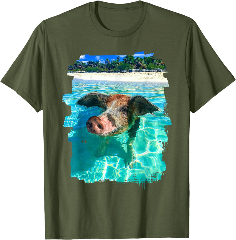 Abab Pig Caribbean Bahamas Beach Summer Vacation The Bahamas Swimming Pig Caribbean Beach Trips Summer Vibes T-Shirt - Olive Green