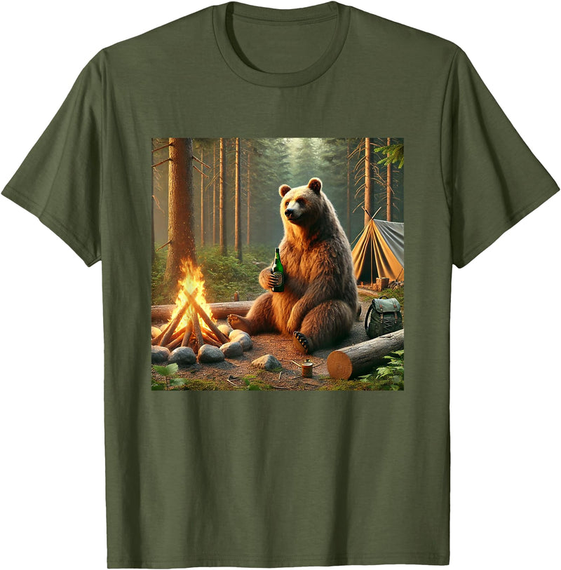 Wildfire Adventure Awaits Co. Bear Camping by the Campfire. Nature Adventure Funny Garment T-Shirt - Olive Green