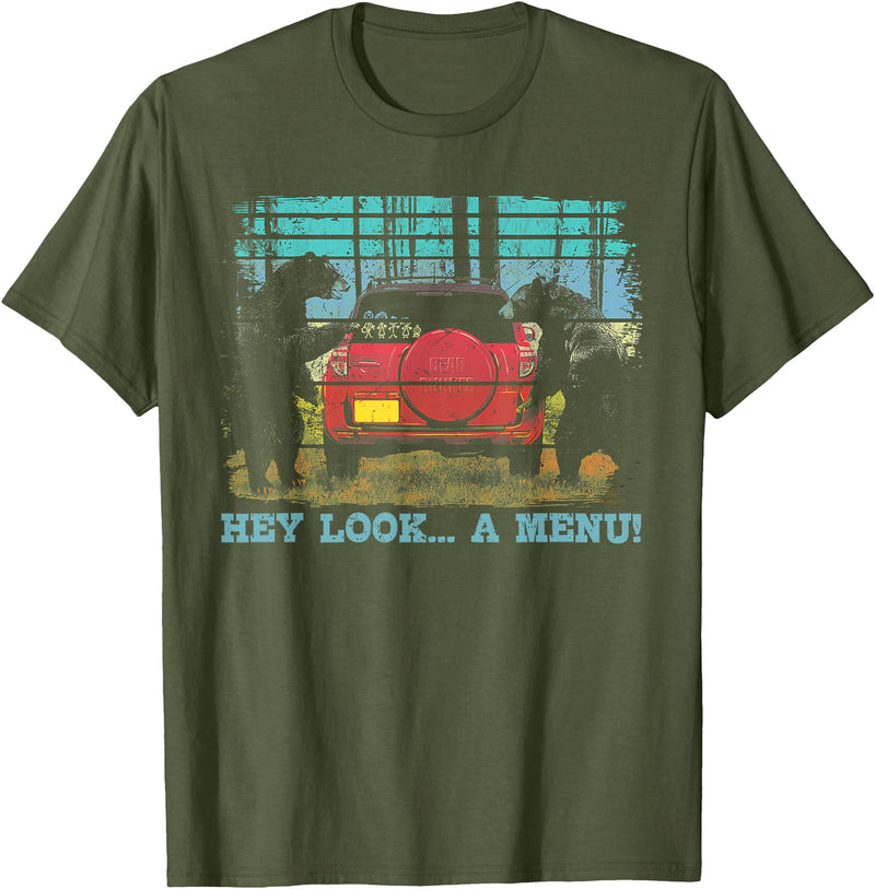 Funny Camping Lovers Gift Tee Hey Look A Menu Funny Bear Camping Retro Vintage Camper Car T-Shirt - Olive Green