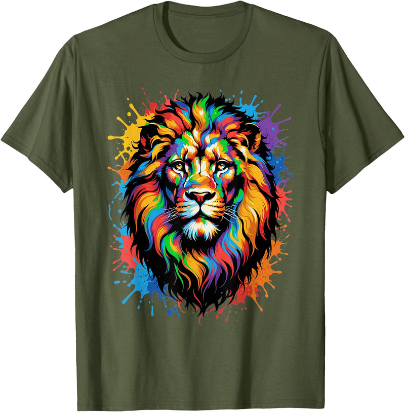 Colorful Lion Wildlife Lover Colorful Lion Face Paint Splash Art T-Shirt - Olive Green