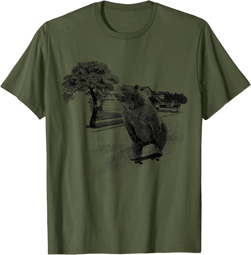 Ma2ca Skater Bear Tee Skating Skateboard TShirt - Olive Green