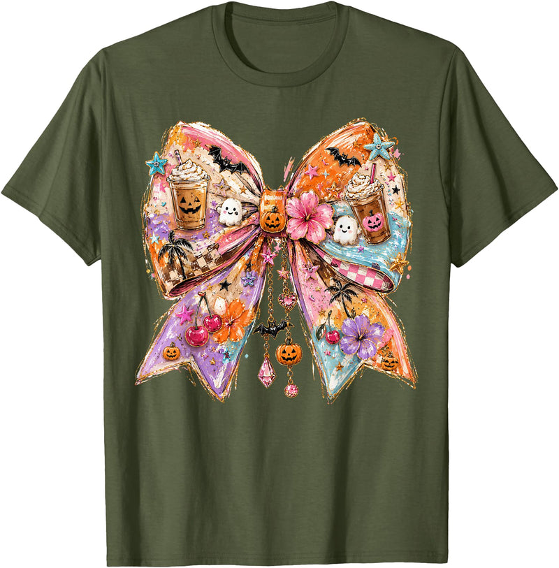 Summerween Tees NYC Summerween Bow Coquette Summer Halloween Ghosts Beach Coffee T-Shirt - Olive Green