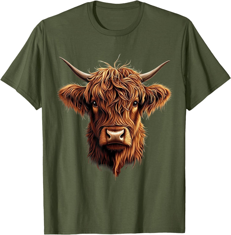 Cute Scottish Highlander Cattle Designs Scottish Highland Cow Messy Bun Scottish Highlander Cow T-Shirt - Olive Green