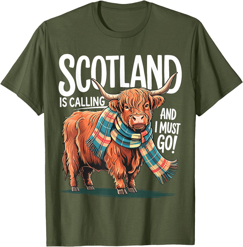 Funny Scottish Highland Cow Scotland is Calling and I Must go Scottish Highland Cow T-Shirt - Olive Green