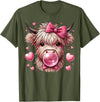 Highland Cow Land of NYC Highland Cow Valentines Blowing Bubble Bubblegum Hearts Bow T-Shirt - Olive Green
