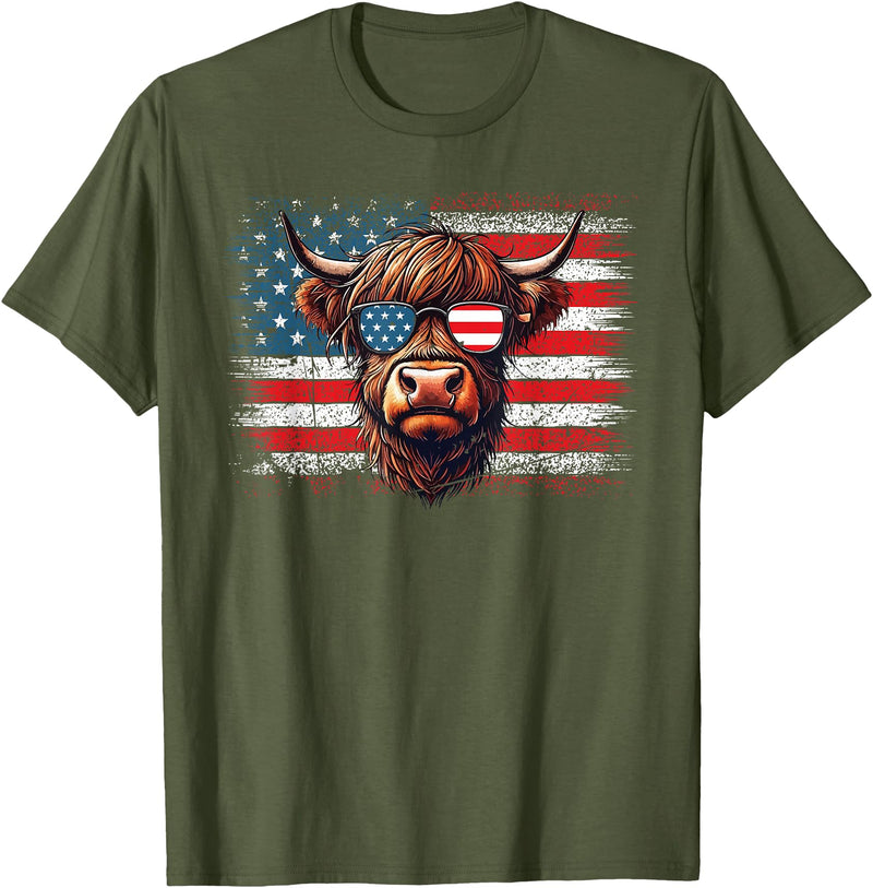 Funny Cute Highland Cow 4th Of July Farmer Gifts Highland Cow American Flag Farm Cow Lover Patriotic Vintage Style T-Shirt -