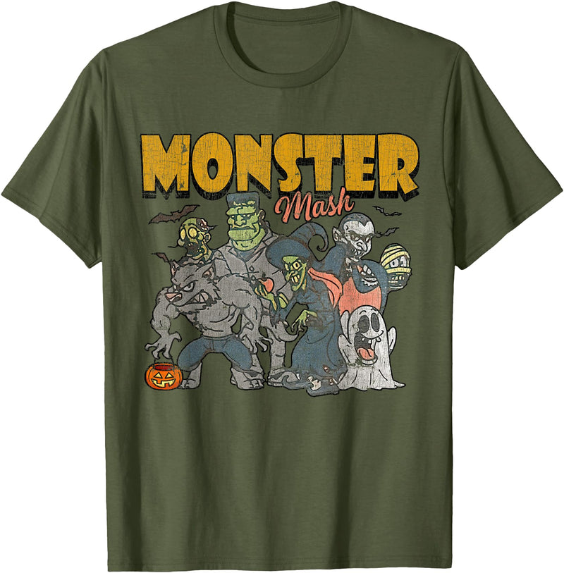 Monster Mash Vintage Ghost Halloween Funny T-Shirt - Olive Green