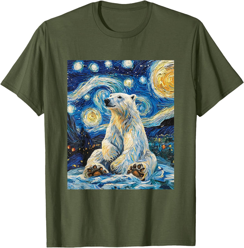 Bear Designs. Cute Polar Bear Van Gogh Style Starry Night Funny Graphic T-Shirt - Olive Green