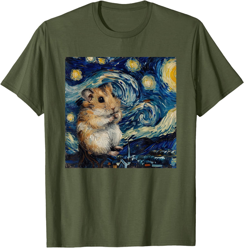 Hamster Van Gogh Style Starry Night T-Shirt - Olive Green