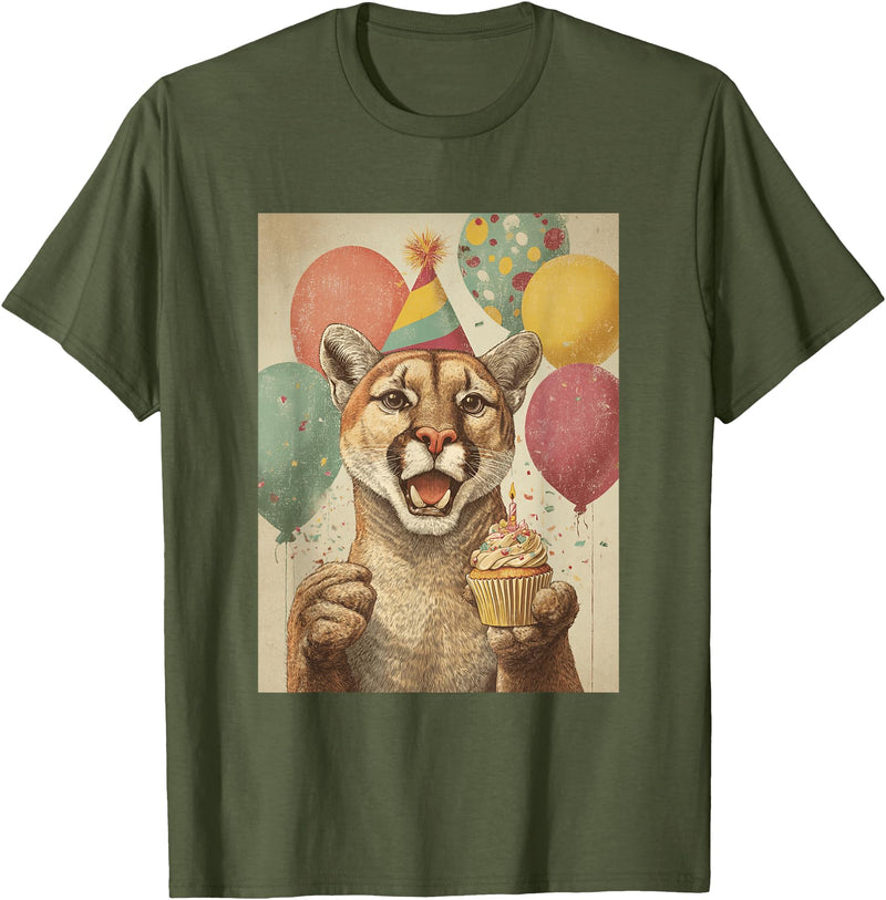 Animal Zoo Mountain Lion Birthday Apparel Mountain Lion Retro Art Print Birthday Party Cupcake T-Shirt - Olive Green