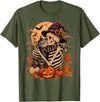 Vintage Spooky Halloween Cat Lover Autumn Cute Skeleton Hugging Cat Halloween Witch hat Pumpkin Moon T-Shirt - Olive Green