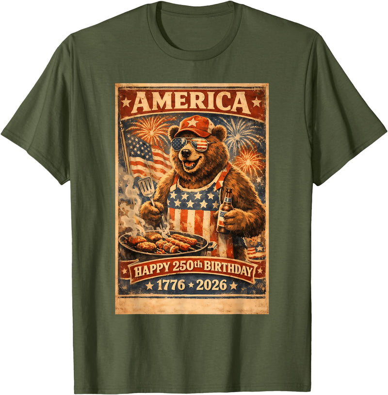 USA Birthday 250th American Spirit Tees All Ages Celebrate 250 Years with Fun Bear BBQ Graphic T-Shirt - Olive Green
