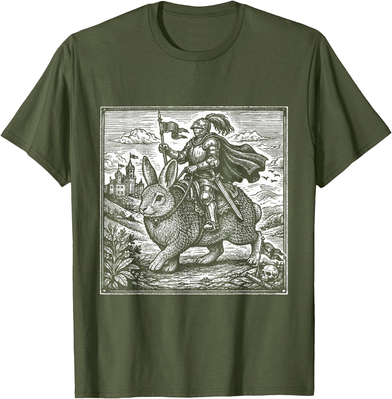 Funny Medieval Knight Rabbit Castle Fantasy Renaissance Fair T-Shirt in Olive Green