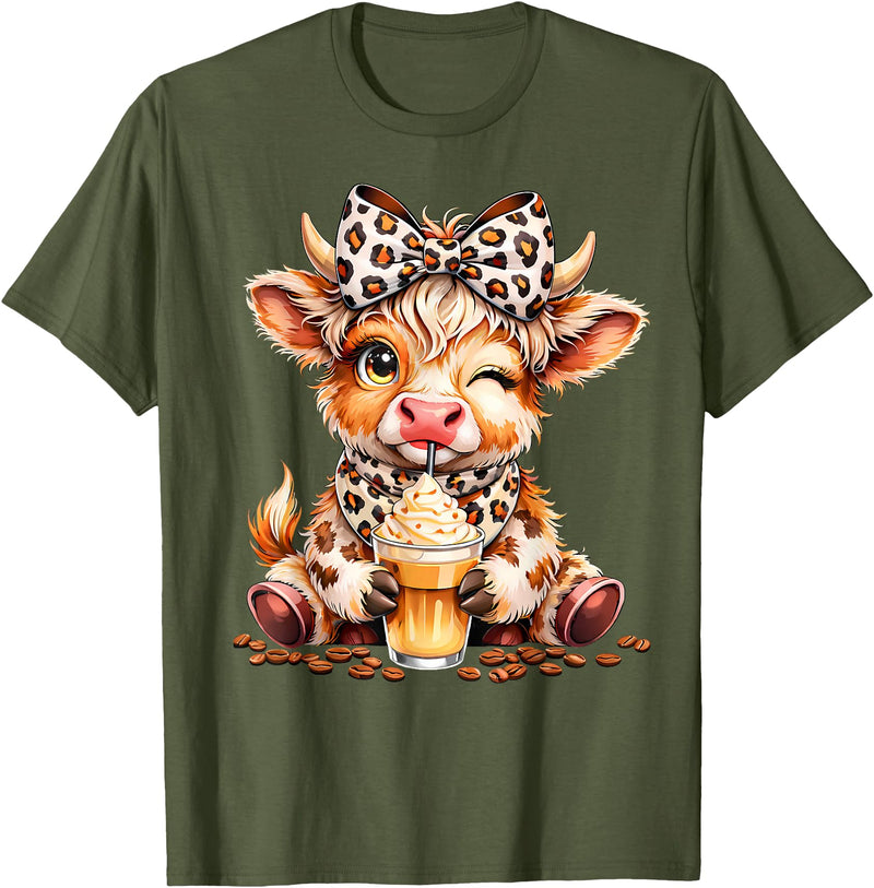 Cute Highland Cow Coffee Addict Leopard Bow Highland Cow Coffee Addict Funny Drink Coffee T-Shirt - Olive Green