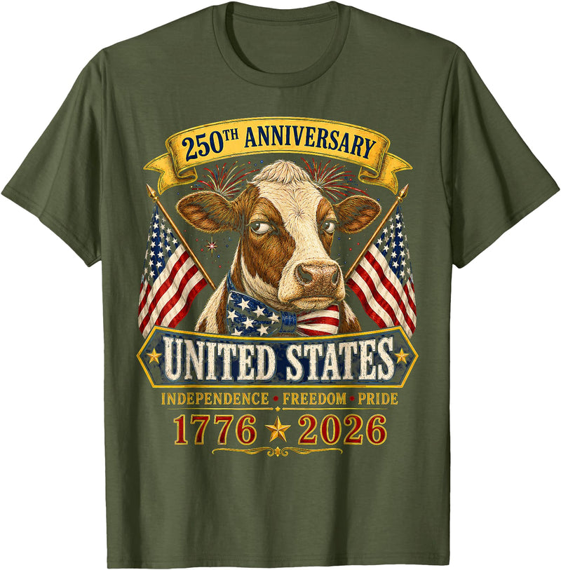 Patriotic 250 Years of Freedom 1776-2026 250 Years America Cow Patriotic USA 4th of July T-Shirt - Olive Green