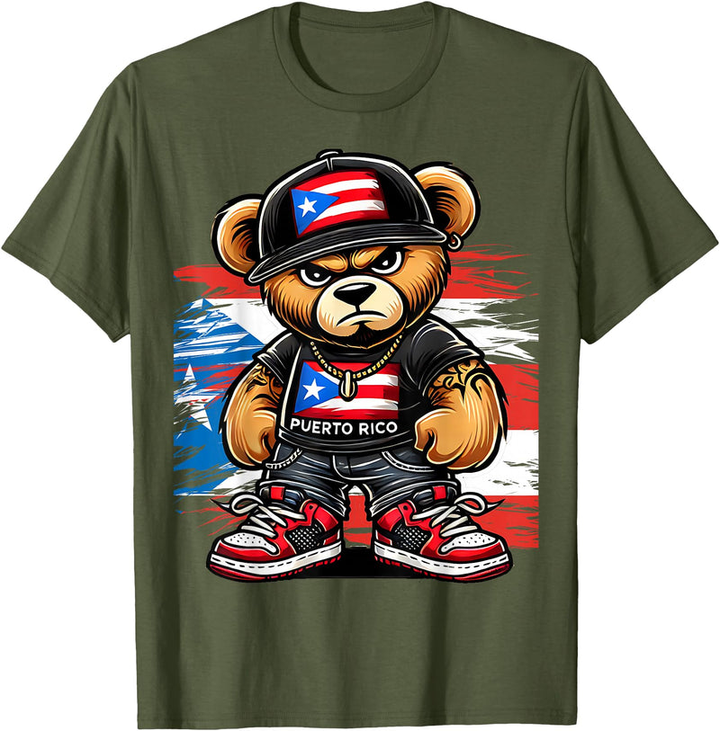 Hip Hop Teddy Bear for proud Puerto Ricans Cute Teddy Bear Puerto Rico Flag Boricua Puerto Rican T-Shirt - Olive Green