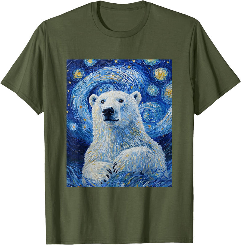 Bear Designs. Cute Polar Bear Van Gogh Style Starry Night Graphic T-Shirt - Olive Green
