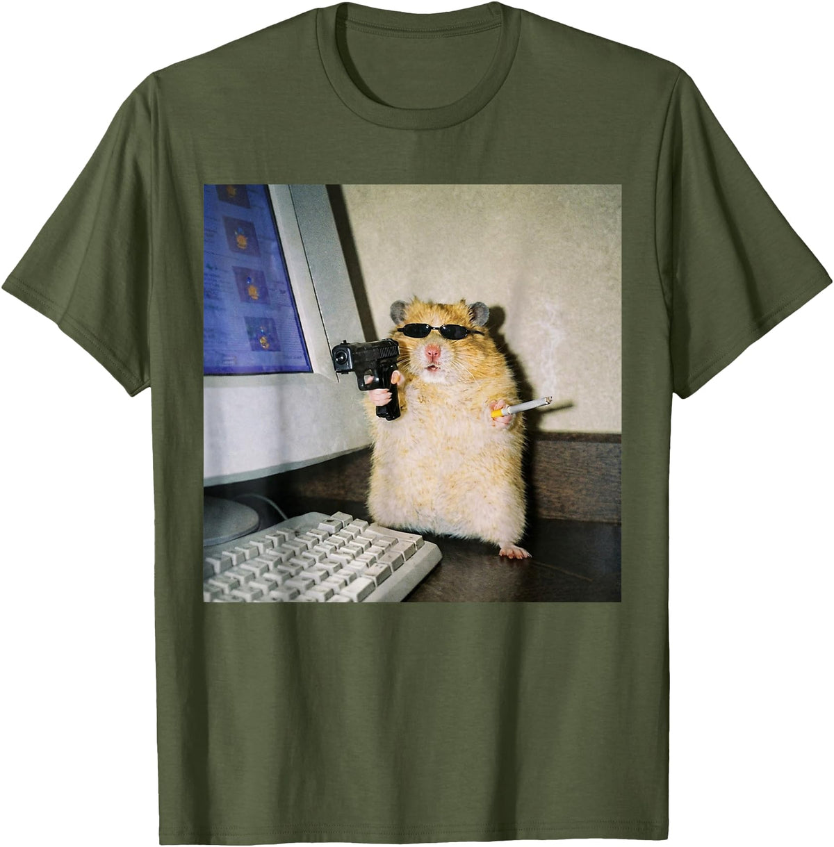Funny Hamster Meme Cyber Hamster Meme Smoking Humor Computer T-Shirt - Olive Green