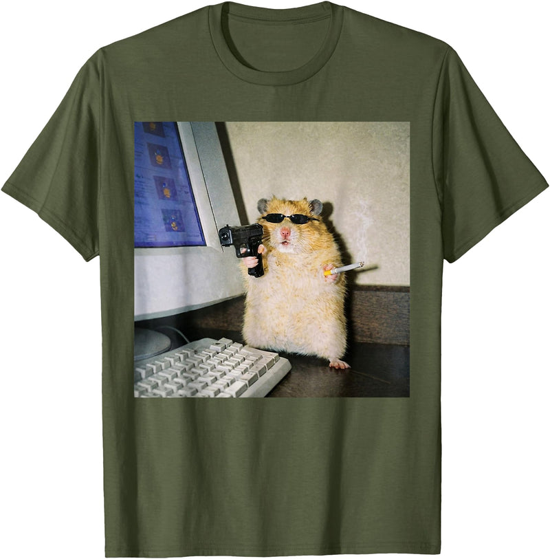 Funny Hamster Meme Cyber Hamster Meme Smoking Humor Computer T-Shirt - Olive Green