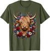 Funny July 4th Highland Cow Farm Lovers Highland Cow Florals 4th of July USA Flag Patriotic Women T-Shirt - Olive Green