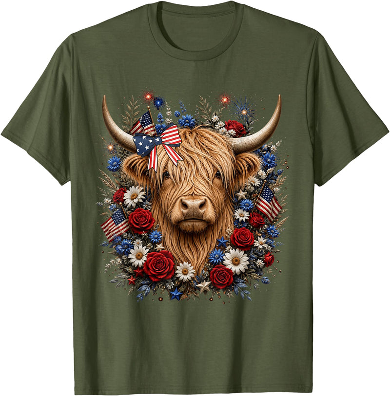 Funny July 4th Highland Cow Farm Lovers Highland Cow Florals 4th of July USA Flag Patriotic Women T-Shirt - Olive Green