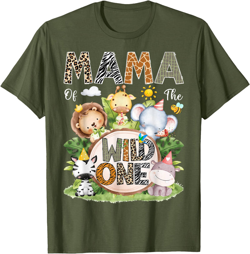 Safari Jungle Animals Bday Boy Matching Mama of The Wild One Safari Jungle Woodland 1st Birthday T-Shirt - Olive Green