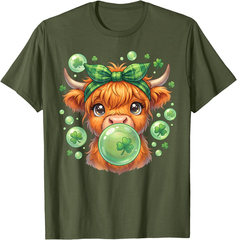 St. Patricks Day Highland Cow Blowing Bubblegum Celebrate St Patricks Day T-Shirt - Olive Green