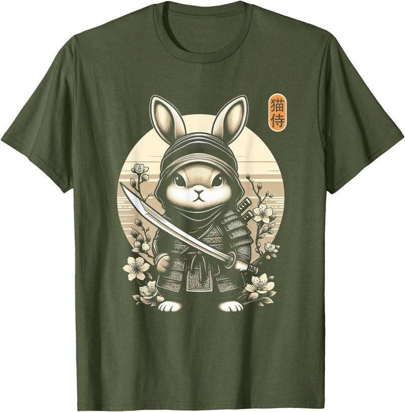 Japanese Samurai Ninja Rabbit Tattoo Japanese Kawaii Art T-Shirt in Olive Green