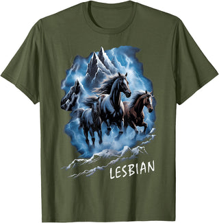 Horses Running Through Lightning Lesbian 90s Vintage Pride T-Shirt - Olive Green