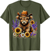 Funny Scottish Highland Cow Highland Cow Cowboy Hat Sunflower Wildflower Country Western T-Shirt - Olive Green