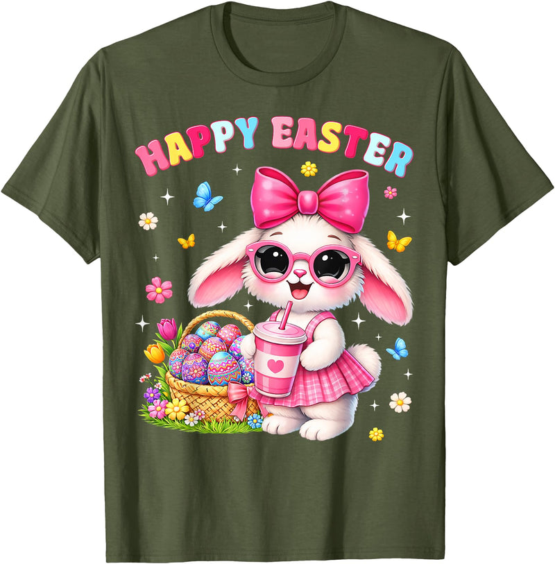 Happy Easter Coquette Easter Egg Rabbit Bunny Women Girl Kid T-Shirt in Olive Green
