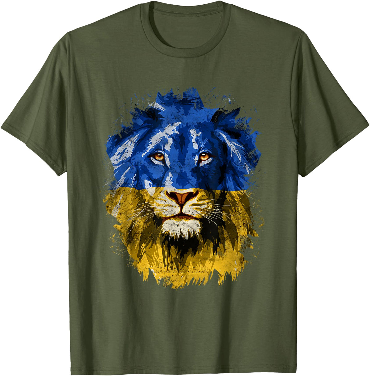 Vintage Yellow & Blue Flag Lion Face National Colours T-Shirt - Olive Green