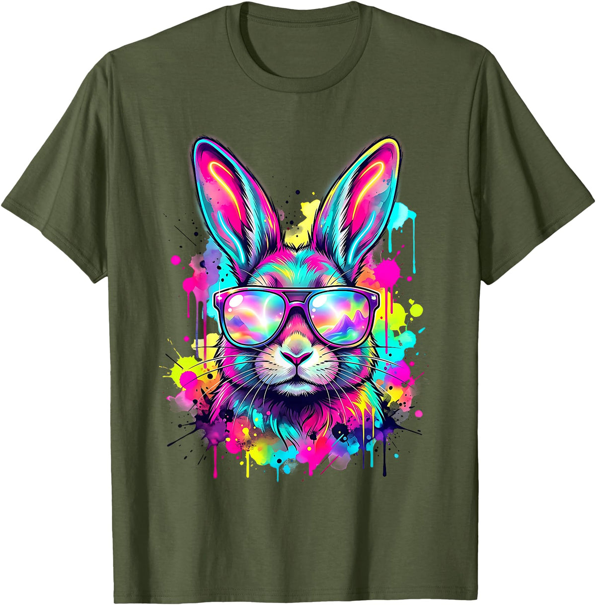 Happy Easter Bunny Face Tie Dye Bunny Rabbit with Glasses T-Shirt in Olive Green