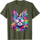 Happy Easter Bunny Face Tie Dye Bunny Rabbit with Glasses T-Shirt in Olive Green
