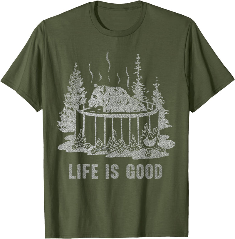 Trendy Apparel Life Is Good Hot Tub Bear Woods Explore Vintage T-Shirt - Olive Green