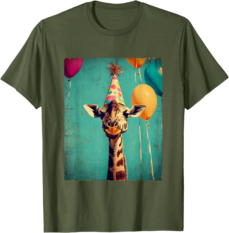 Giraffe Animal Zoo Birthday Party Apparel Unisex-Kids Retro Art Print Giraffe Birthday Party T-Shirt Black Short Sleeve Small - Olive Green